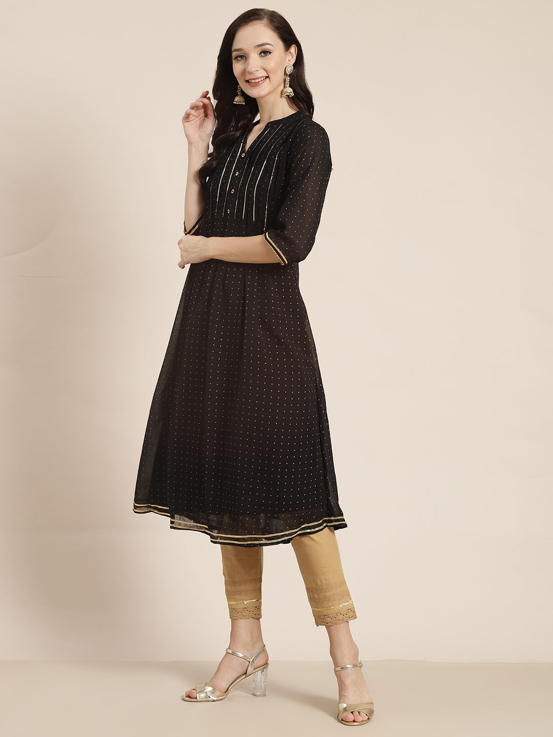 Juniper Womens Black Georgette Printed Pintucks A-Line Kurta | Grocsy