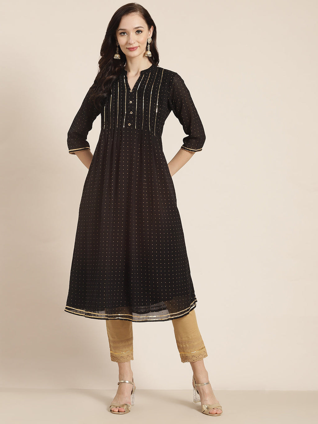 Juniper Womens Black Georgette Printed Pintucks A-Line Kurta | Grocsy