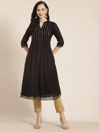 Juniper Womens Black Georgette Printed Pintucks A-Line Kurta | Grocsy