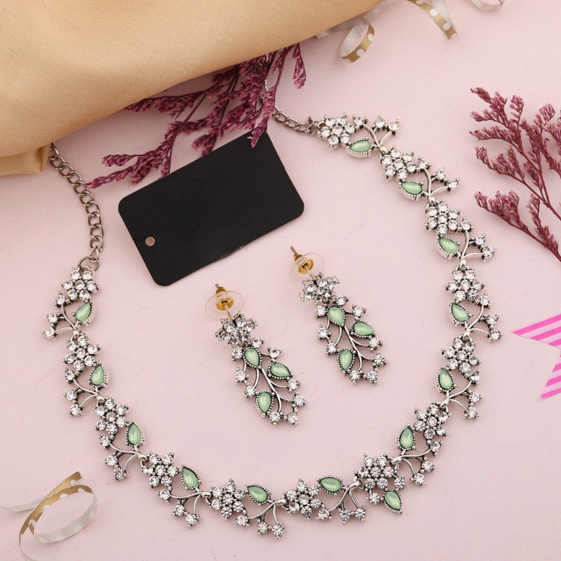 Tehzeeb Creations Silver Pleated White Diamond With Sea Green Beads Necklace Set | Grocsy