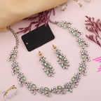 Tehzeeb Creations Silver Pleated White Diamond With Sea Green Beads Necklace Set | Grocsy