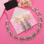 Tehzeeb Creations Silver Pleated White Diamond With Sea Green Beads Necklace Set | Grocsy