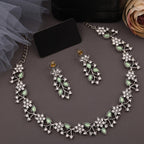 Tehzeeb Creations Silver Pleated White Diamond With Sea Green Beads Necklace Set | Grocsy