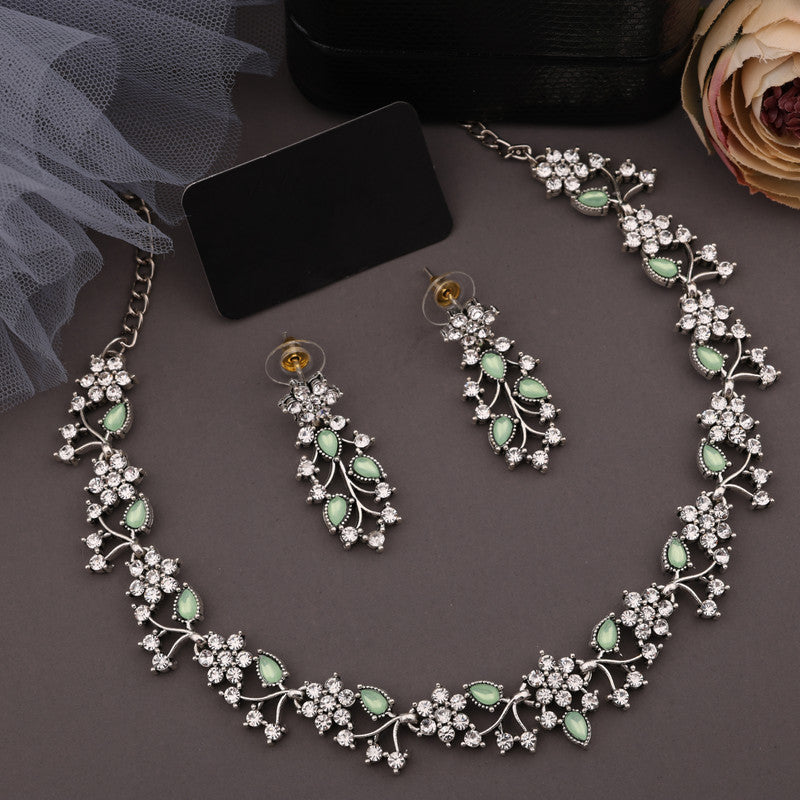 Tehzeeb Creations Silver Pleated White Diamond With Sea Green Beads Necklace Set | Grocsy