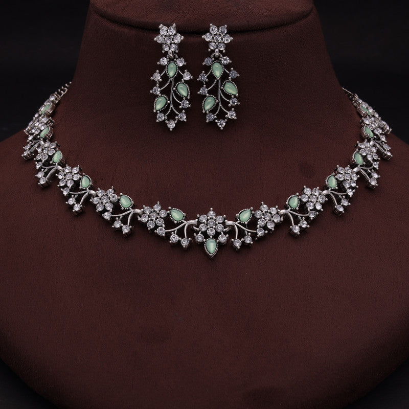 Tehzeeb Creations Silver Pleated White Diamond With Sea Green Beads Necklace Set | Grocsy