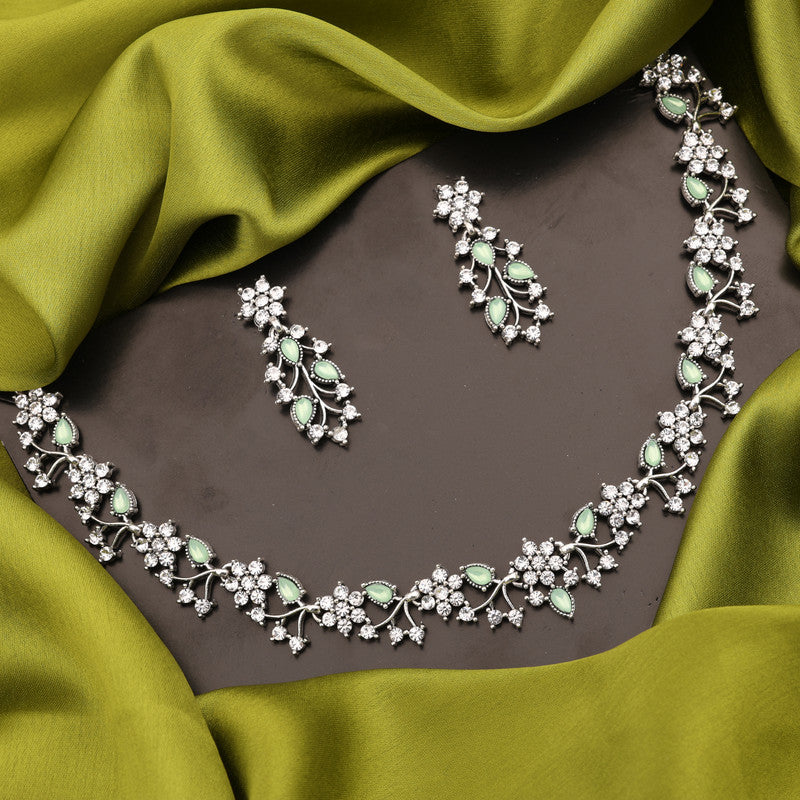 Tehzeeb Creations Silver Pleated White Diamond With Sea Green Beads Necklace Set | Grocsy