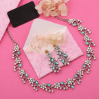 Tehzeeb Creations Silver Pleated White Diamond With Sky Blue Beads Necklace Set | Grocsy