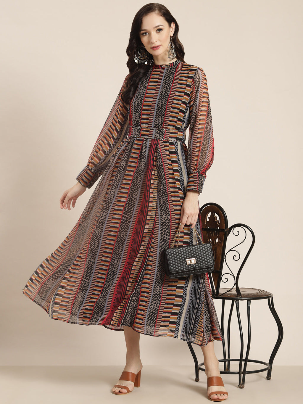 Juniper Womens Black Chiffon Printed Dress With Beautiful Belt | Grocsy