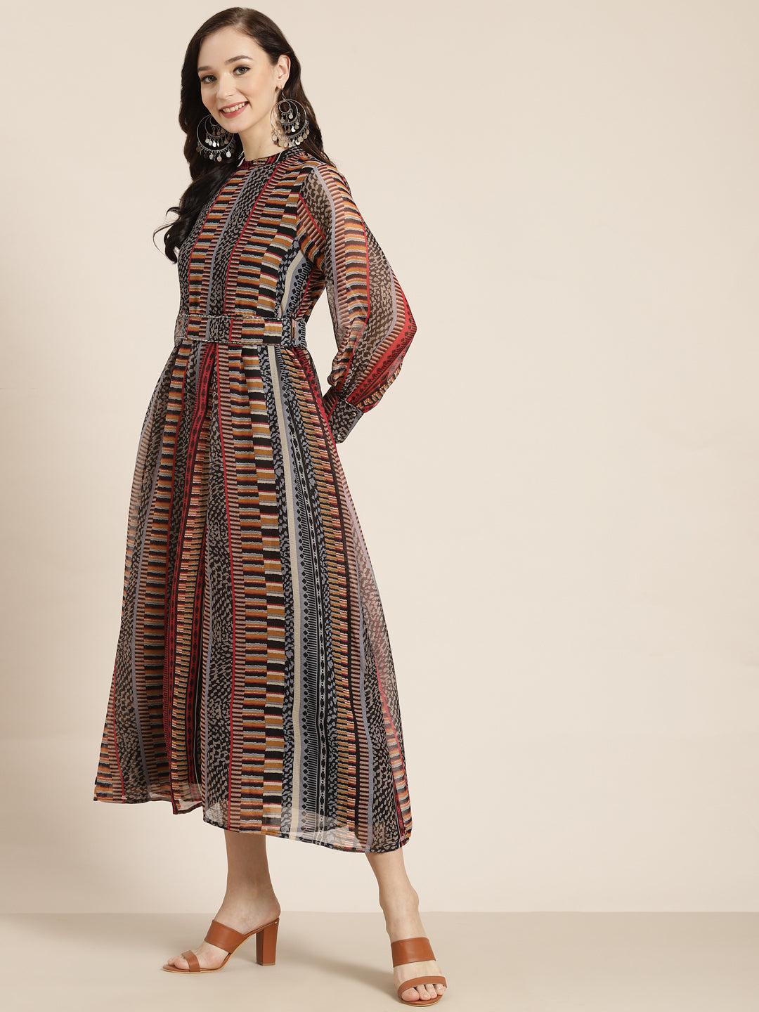 Juniper Womens Black Chiffon Printed Dress With Beautiful Belt | Grocsy