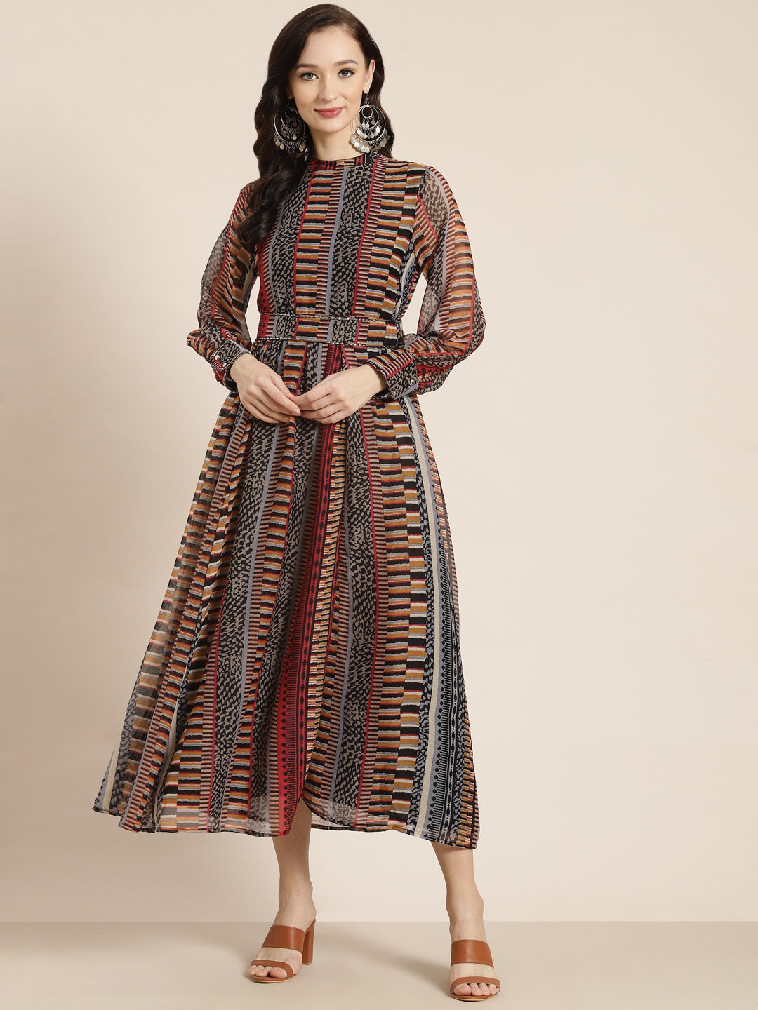Juniper Womens Black Chiffon Printed Dress With Beautiful Belt | Grocsy