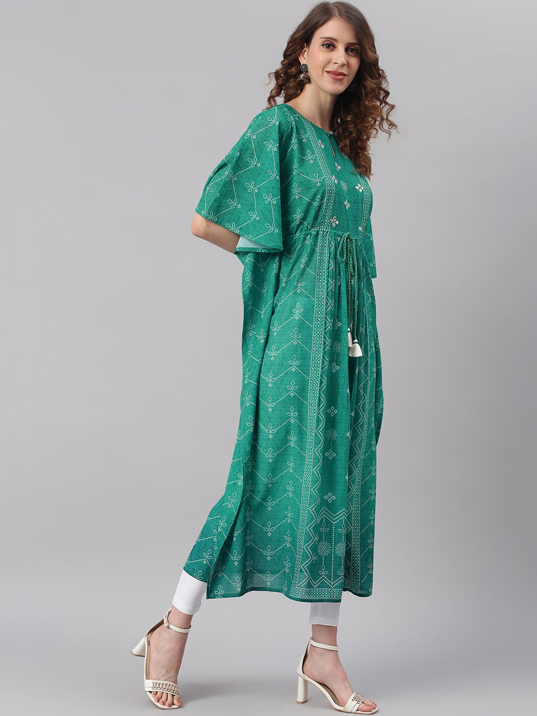 Janasya Women Green Ethnic Motifs Printed Keyhole Neck Flared Sleeves Georgette Kaftan Kurta | Grocsy