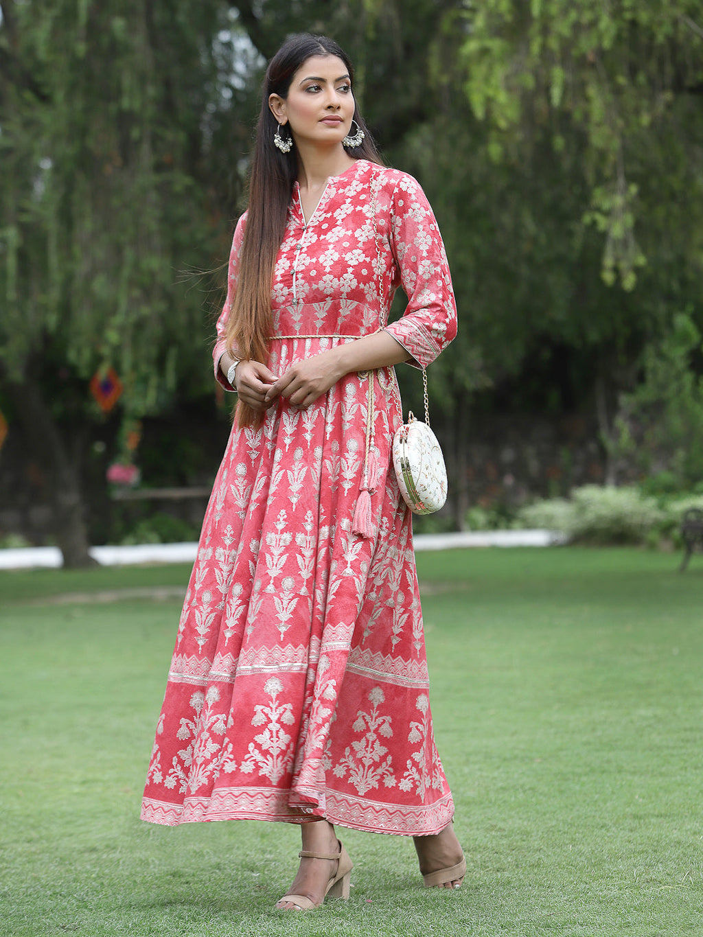 Juniper Womens Peach Floral Motifs Printed Maxi Dress | Grocsy