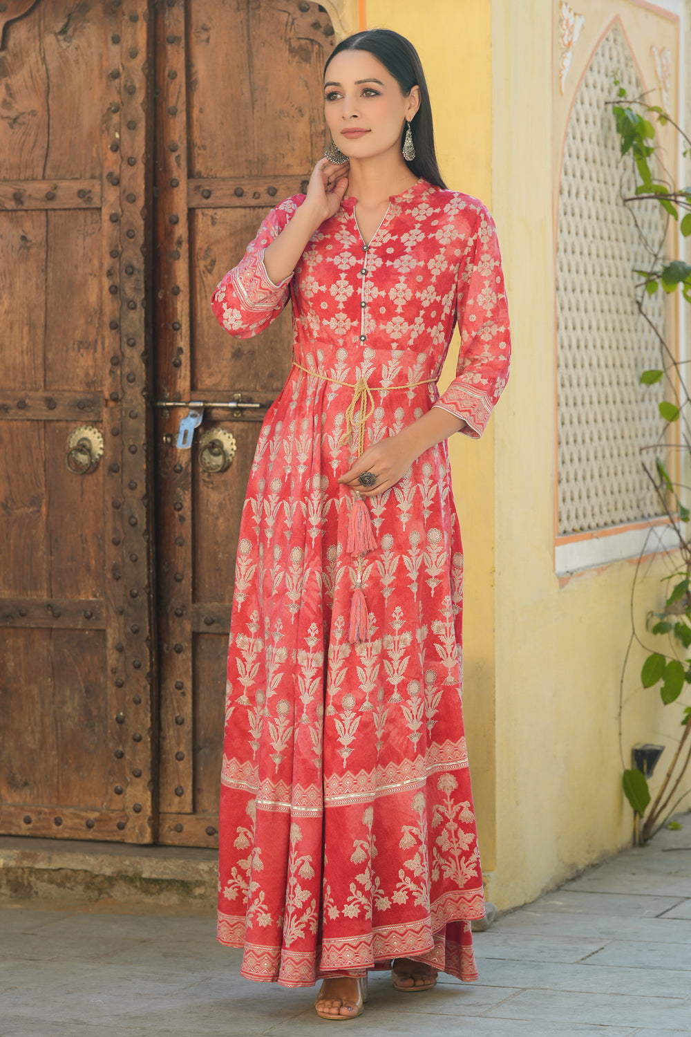 Juniper Women's Peach Rayon Printed Flared Dress | Grocsy