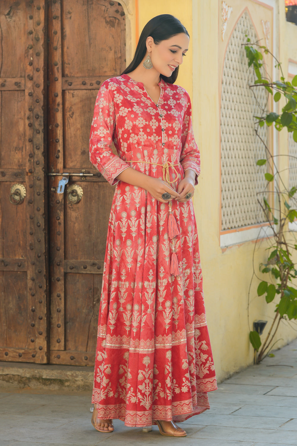 Juniper Women's Peach Rayon Printed Flared Dress | Grocsy