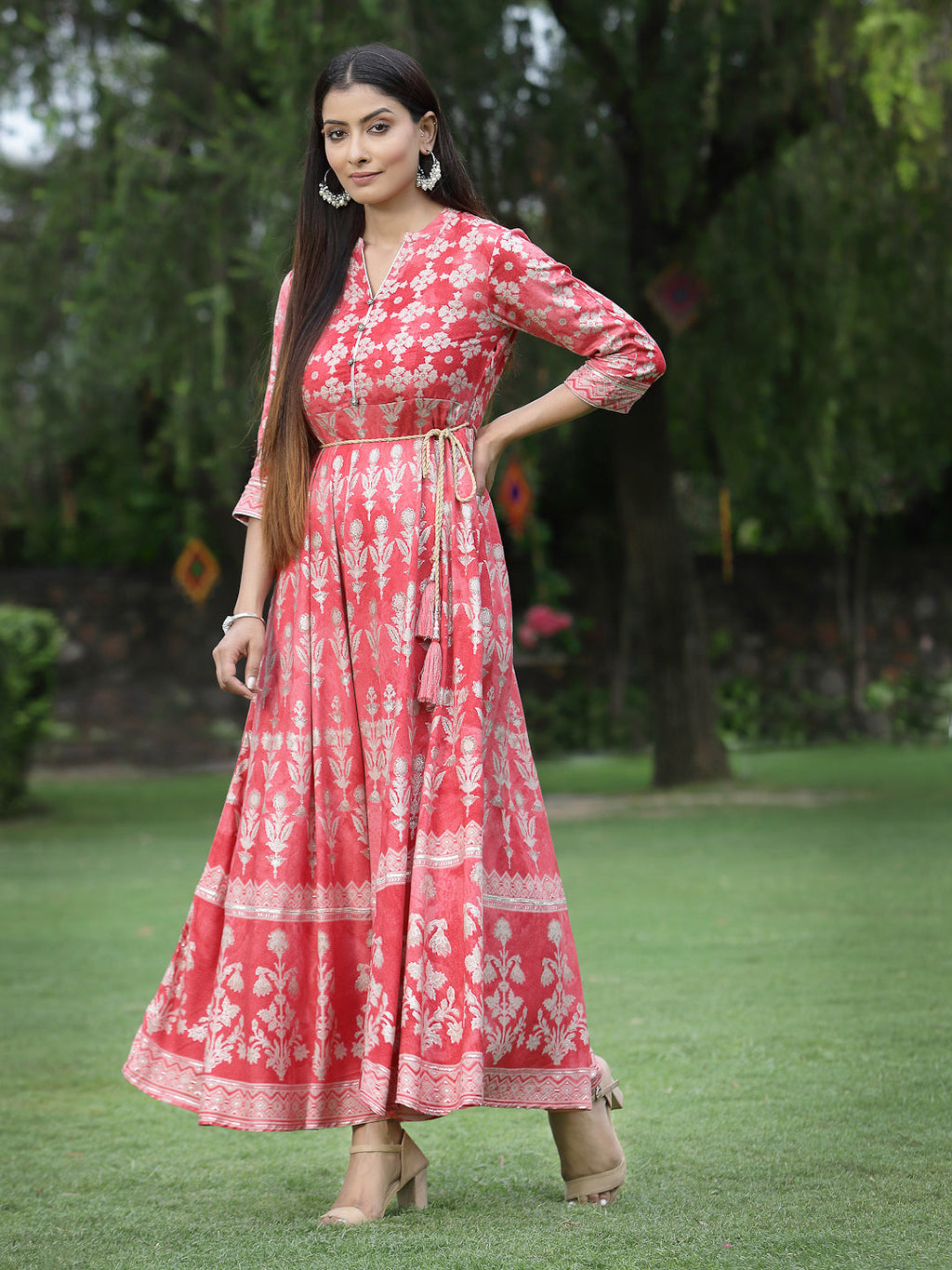 Juniper Womens Peach Floral Motifs Printed Maxi Dress | Grocsy