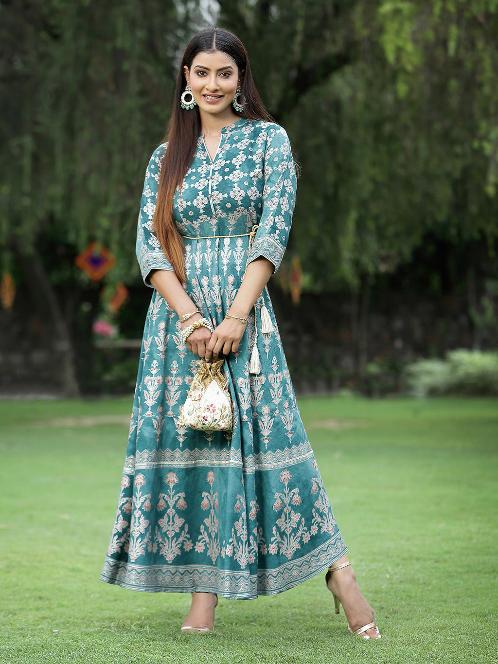 Juniper Womens Teal Floral Motifs Printed Maxi Dress | Grocsy