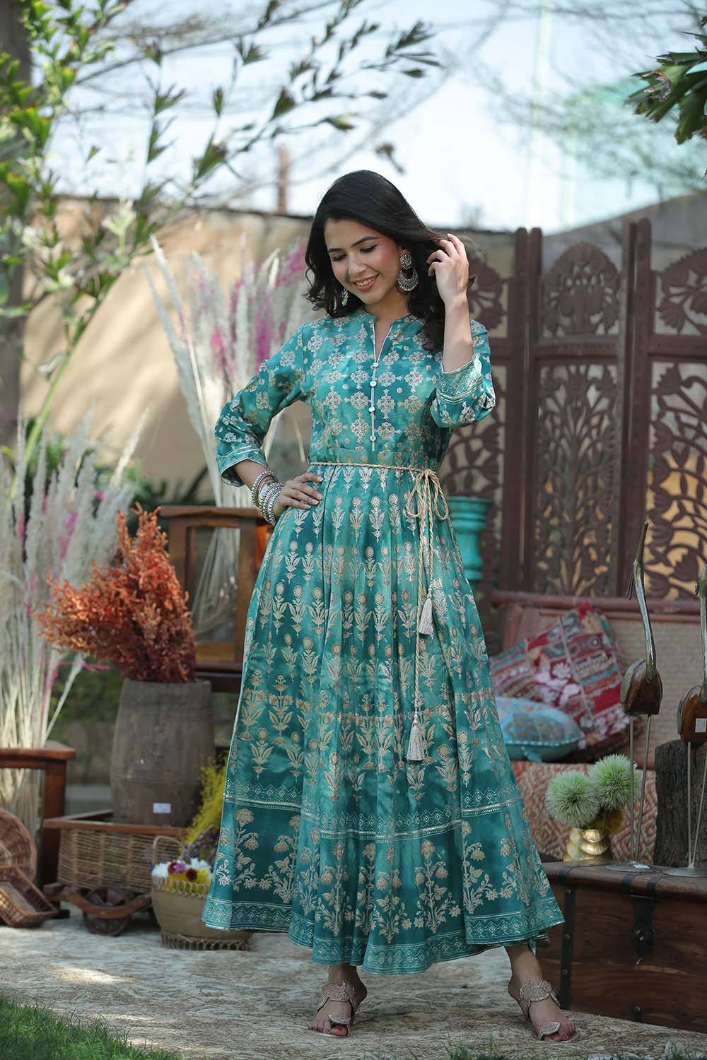 Juniper Women's Teal Rayon Printed Flared Dress | Grocsy