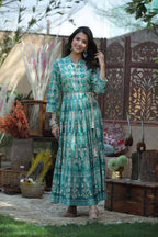 Juniper Women's Teal Rayon Printed Flared Dress | Grocsy