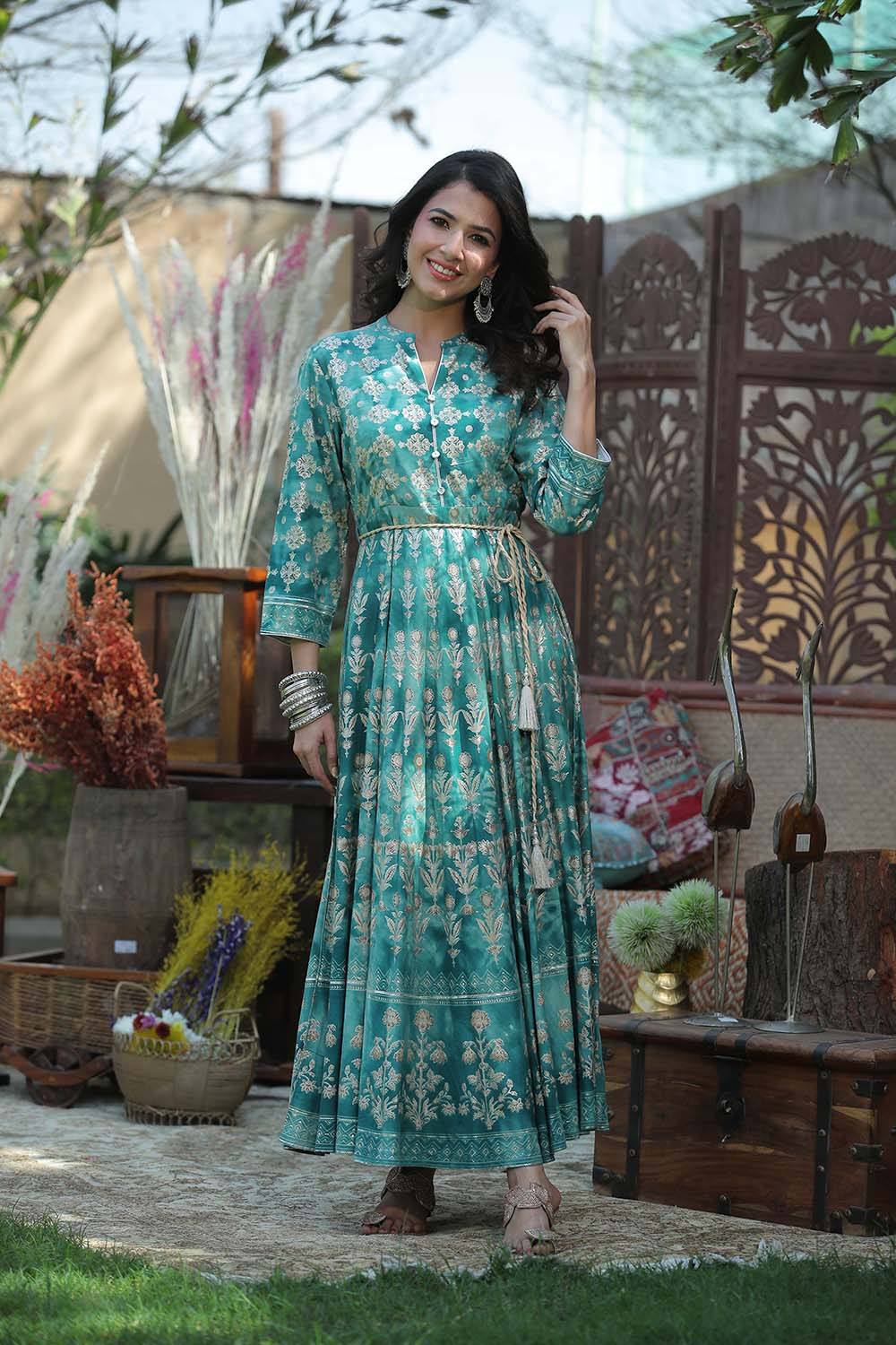Juniper Women's Teal Rayon Printed Flared Dress | Grocsy