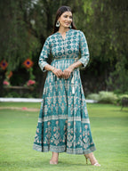 Juniper Women's Teal Rayon Printed Flared Dress | Grocsy