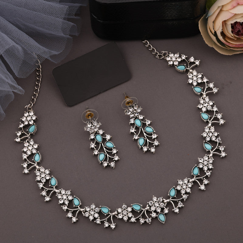 Tehzeeb Creations Silver Pleated White Diamond With Sky Blue Beads Necklace Set | Grocsy