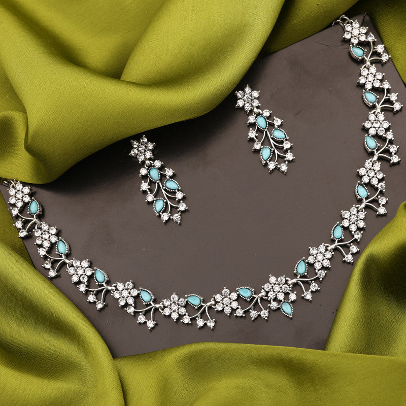 Tehzeeb Creations Silver Pleated White Diamond With Sky Blue Beads Necklace Set | Grocsy