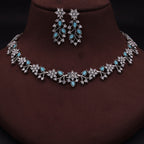 Tehzeeb Creations Silver Pleated White Diamond With Sky Blue Beads Necklace Set | Grocsy