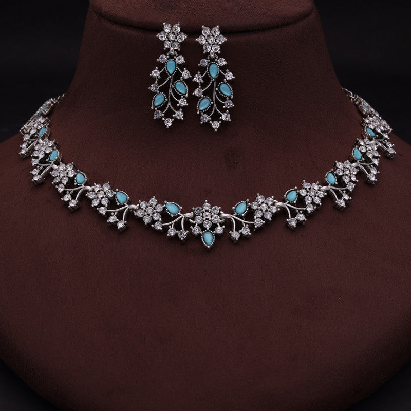Tehzeeb Creations Silver Pleated White Diamond With Sky Blue Beads Necklace Set | Grocsy