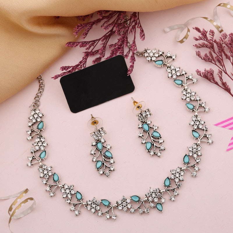 Tehzeeb Creations Silver Pleated White Diamond With Sky Blue Beads Necklace Set | Grocsy