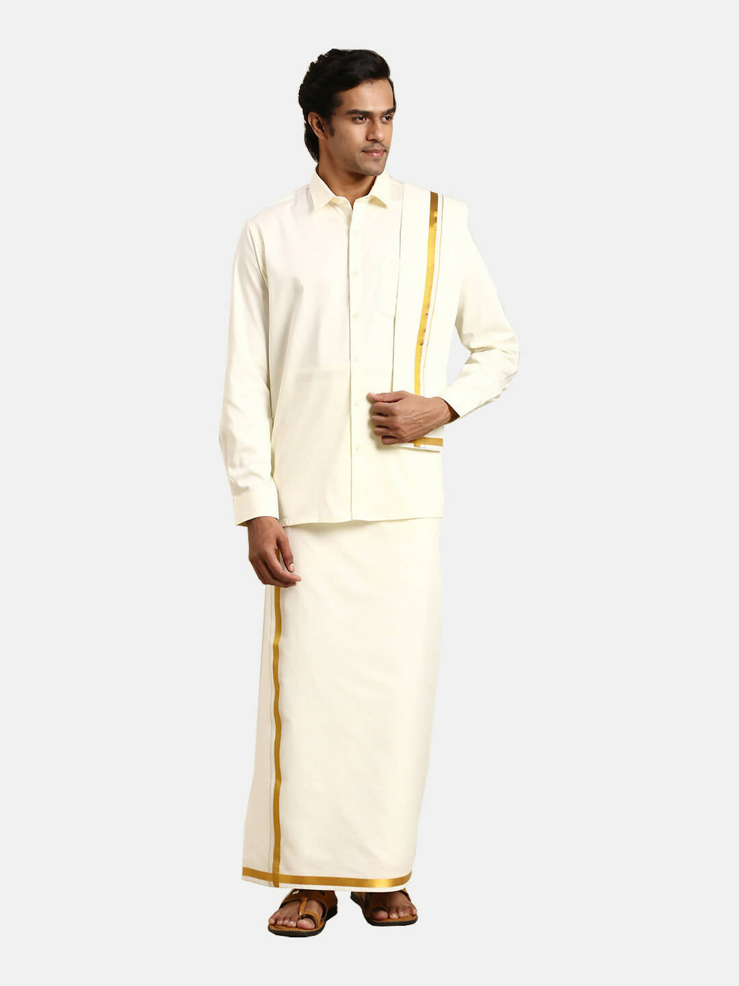 Ramraj Cotton 2 In 1 Set For Mens Readymade Cream Double Layer Pocket Dhoti With 3/4 Inch Golden Jari And Towel | Grocsy