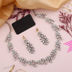 Tehzeeb Creations Silver Pleated White Diamond With White Beads Necklace Set | Grocsy