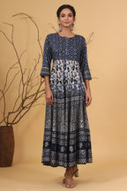 Juniper Women's Blue Rayon Printed Flared Dress | Grocsy