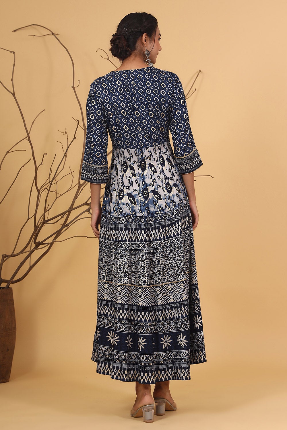 Juniper Women's Blue Rayon Printed Flared Dress | Grocsy