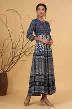 Juniper Women's Blue Rayon Printed Flared Dress | Grocsy