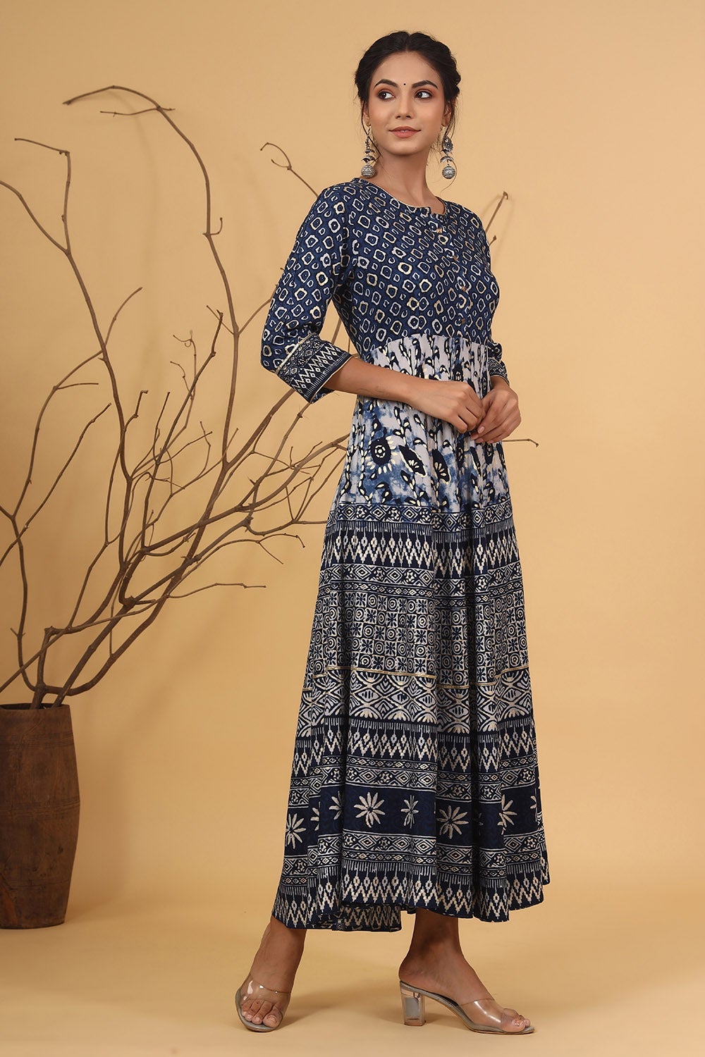 Juniper Women's Blue Rayon Printed Flared Dress | Grocsy