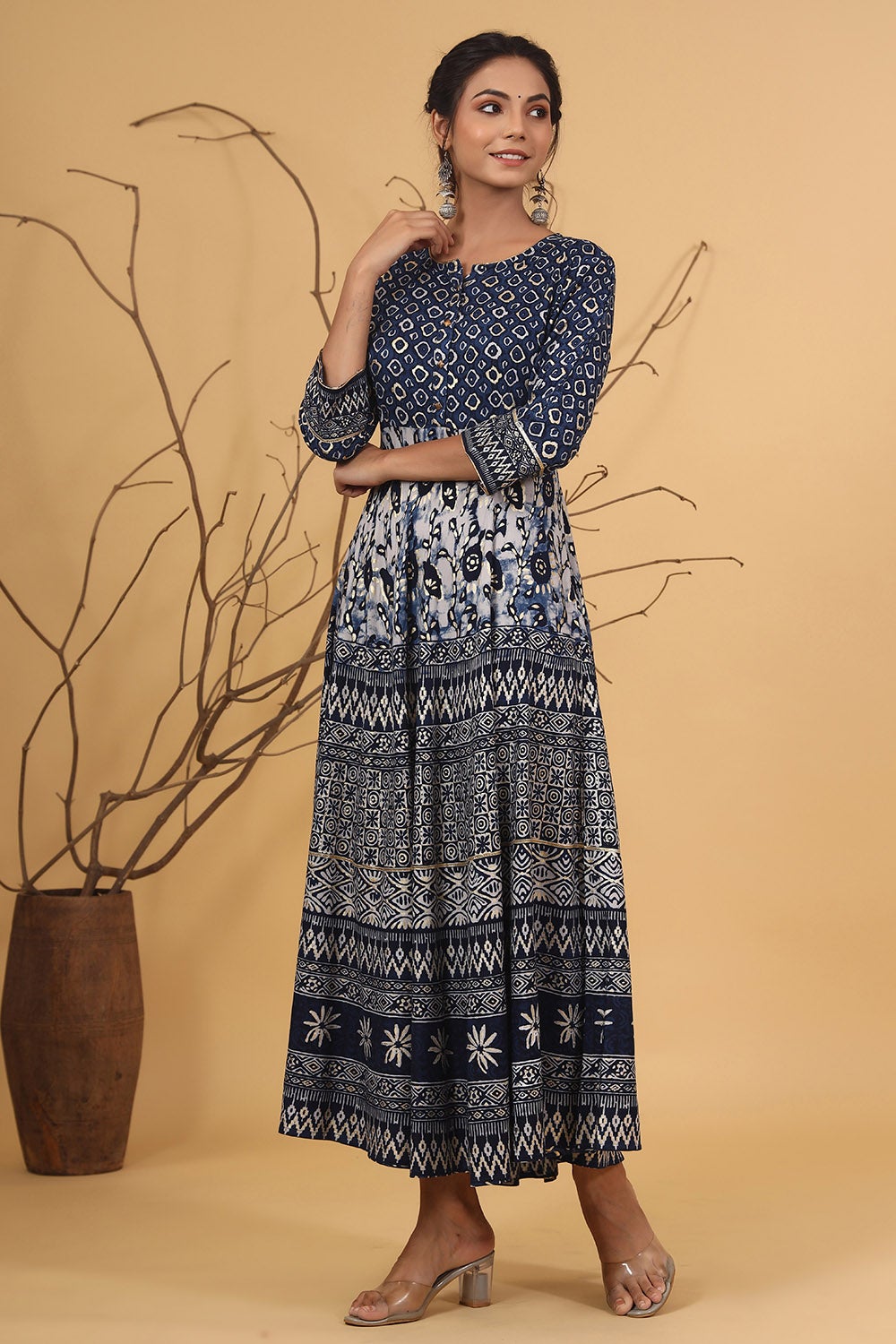 Juniper Women's Blue Rayon Printed Flared Dress | Grocsy