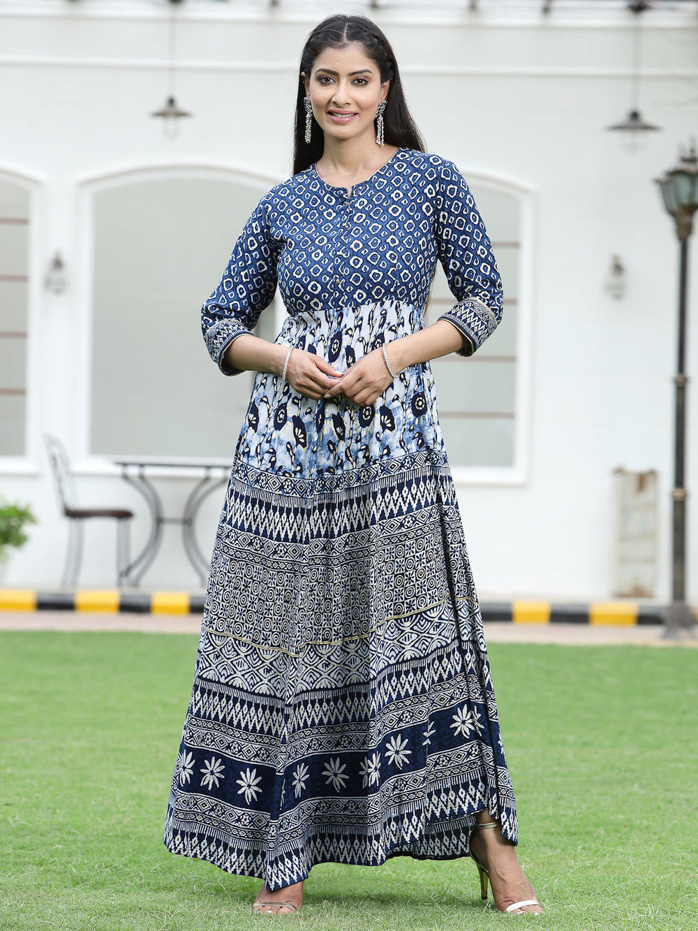 Juniper Women's Blue Rayon Printed Flared Dress | Grocsy