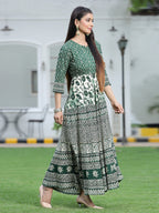 Juniper Women's Green Rayon Printed Flared Dress | Grocsy