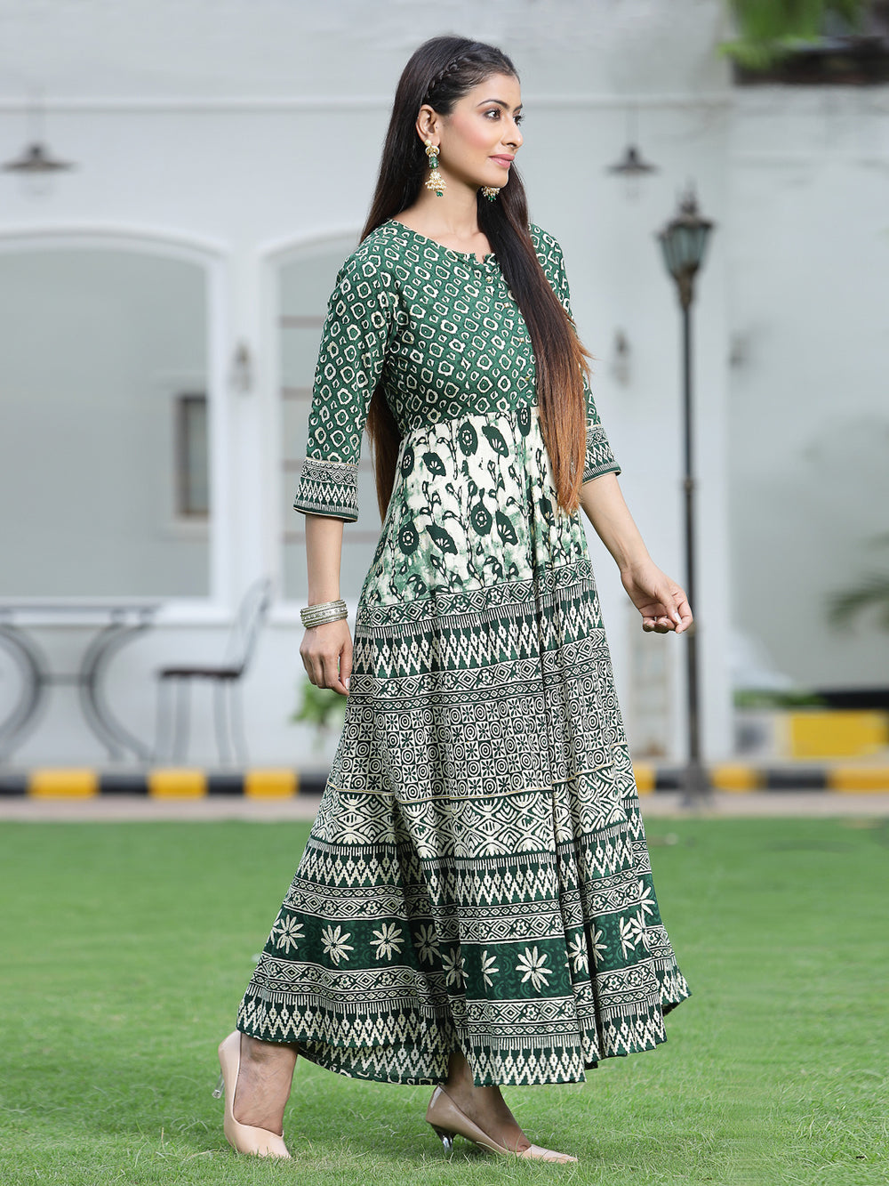 Juniper Women's Green Rayon Printed Flared Dress | Grocsy