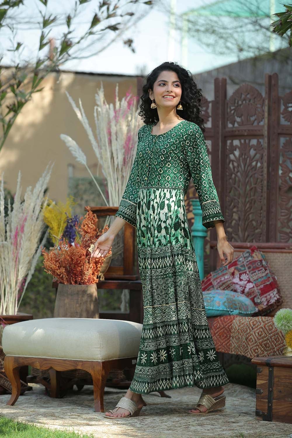 Juniper Women's Green Rayon Printed Flared Dress | Grocsy