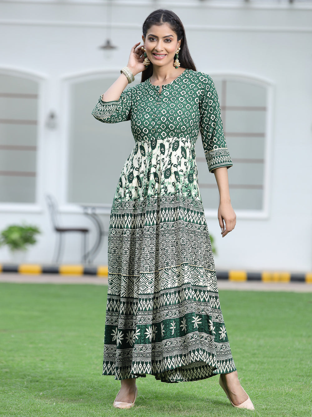 Juniper Women's Green Rayon Printed Flared Dress | Grocsy