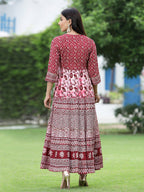 Juniper Women's Maroon Rayon Printed Flared Dress | Grocsy