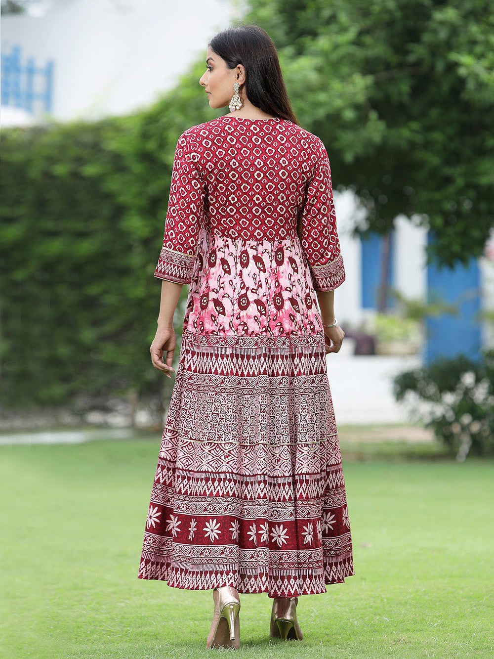 Juniper Women's Maroon Rayon Printed Flared Dress | Grocsy
