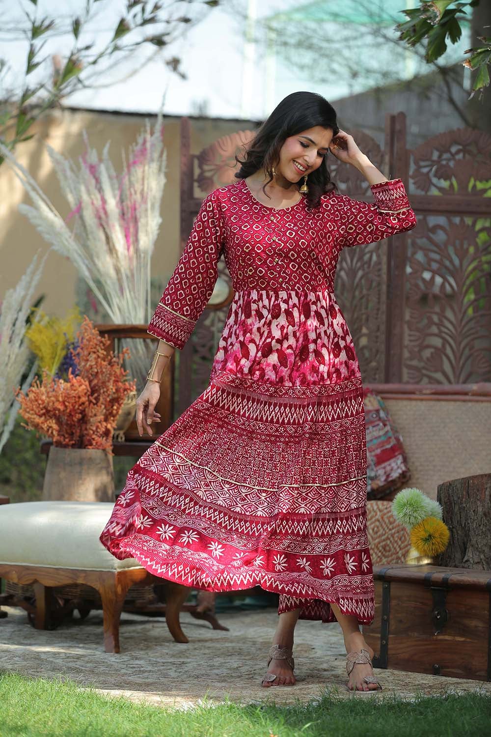Juniper Women's Maroon Rayon Printed Flared Dress | Grocsy