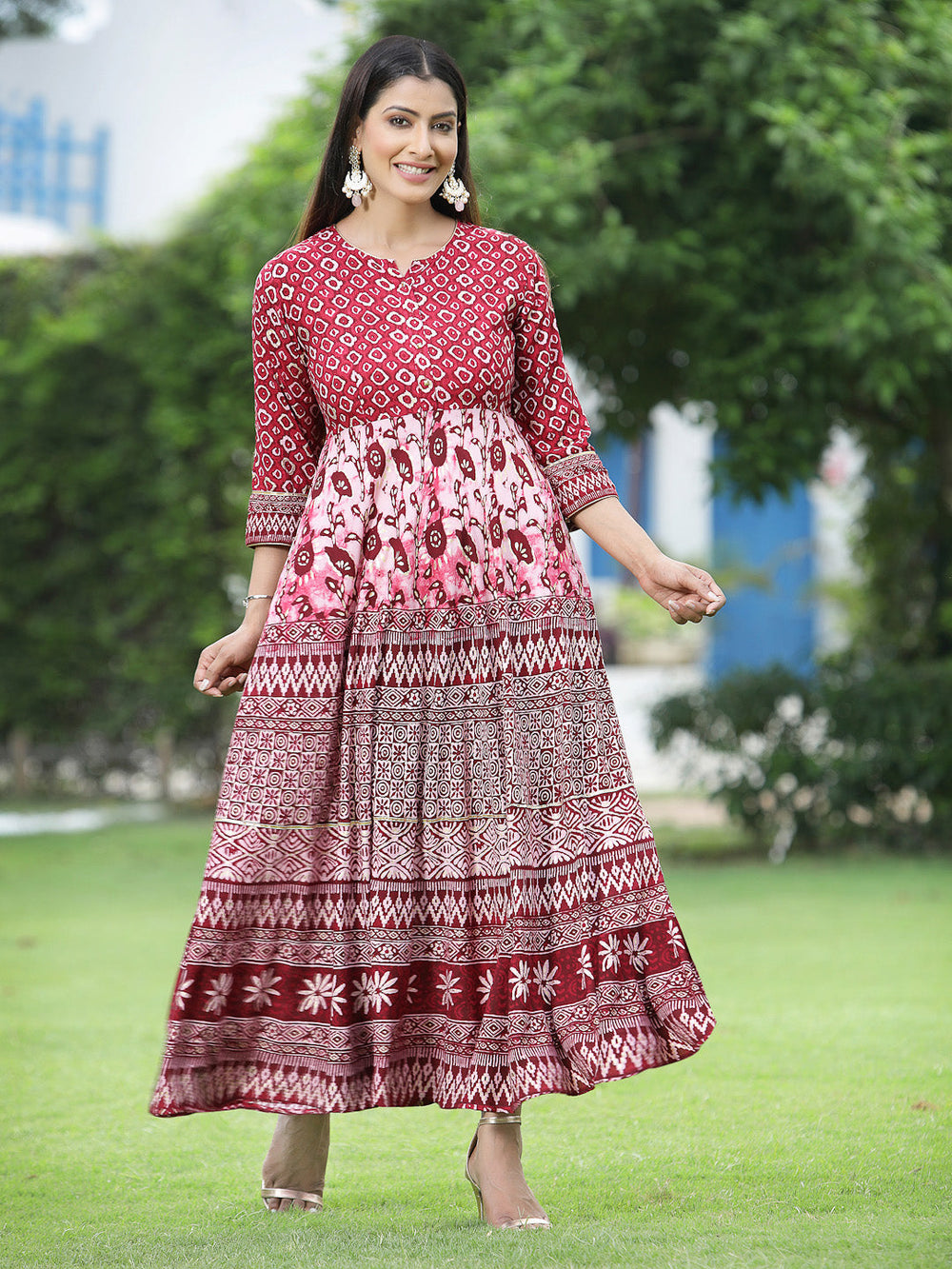 Juniper Women's Maroon Rayon Printed Flared Dress | Grocsy