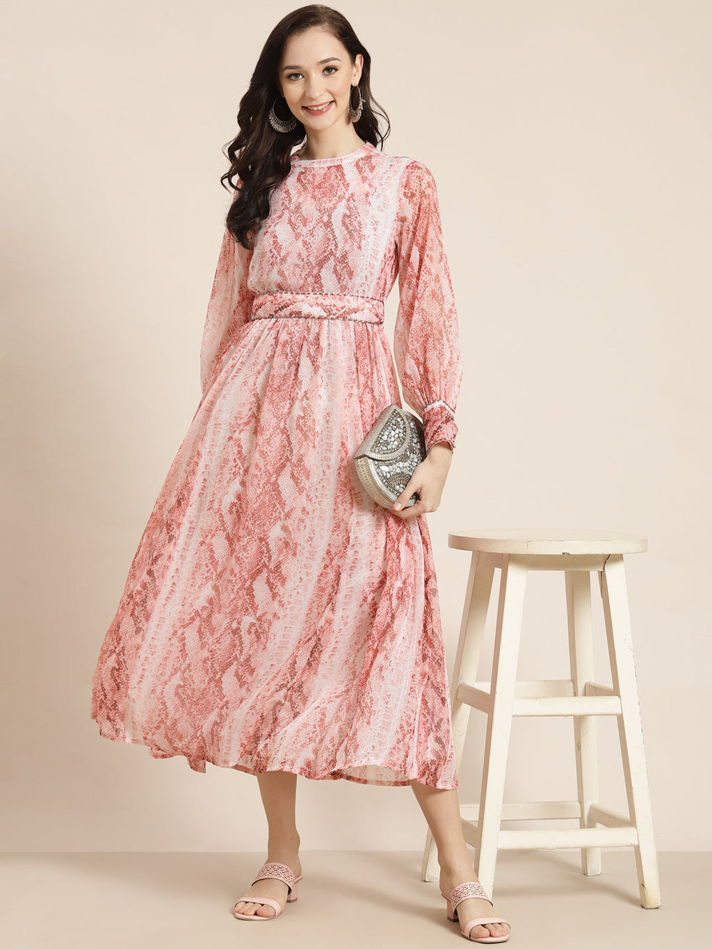 Juniper Womens Peach Chiffon Digital Printed Maxi Dress | Grocsy