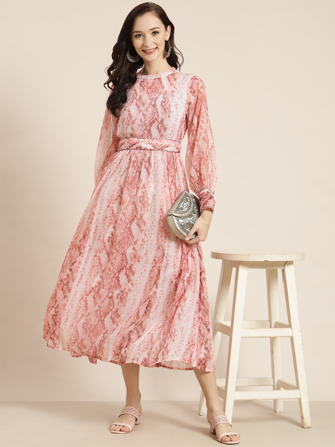 Juniper Womens Peach Chiffon Digital Printed Maxi Dress | Grocsy