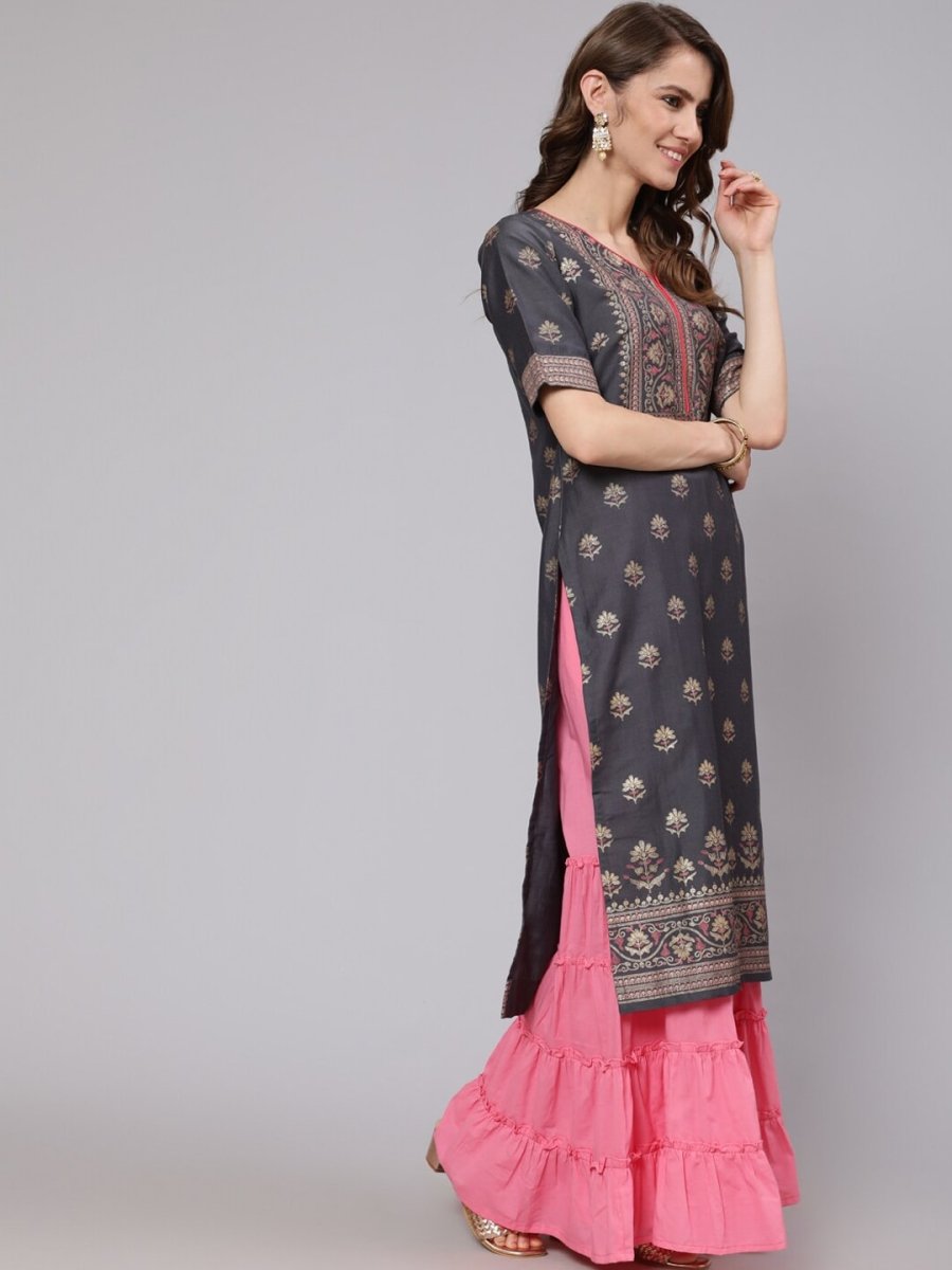 Aks Ethnic Motifs Printed Straight Silk Kurta | Grocsy