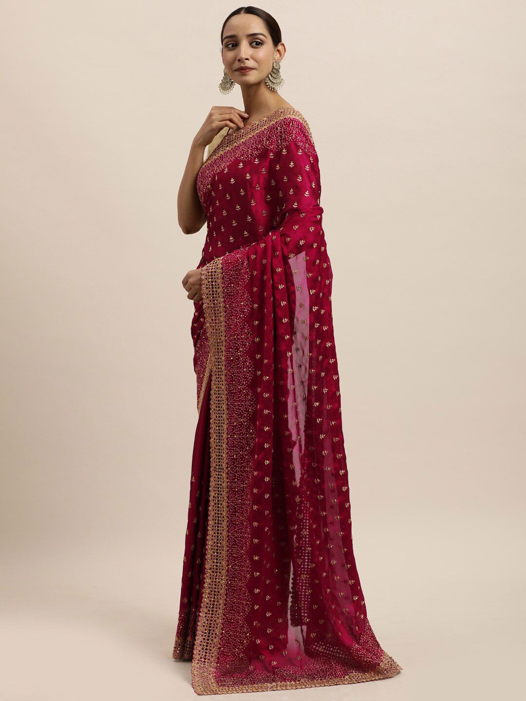 kasee Red & Gold-Toned Floral Embroidered Art Silk Saree | Grocsy