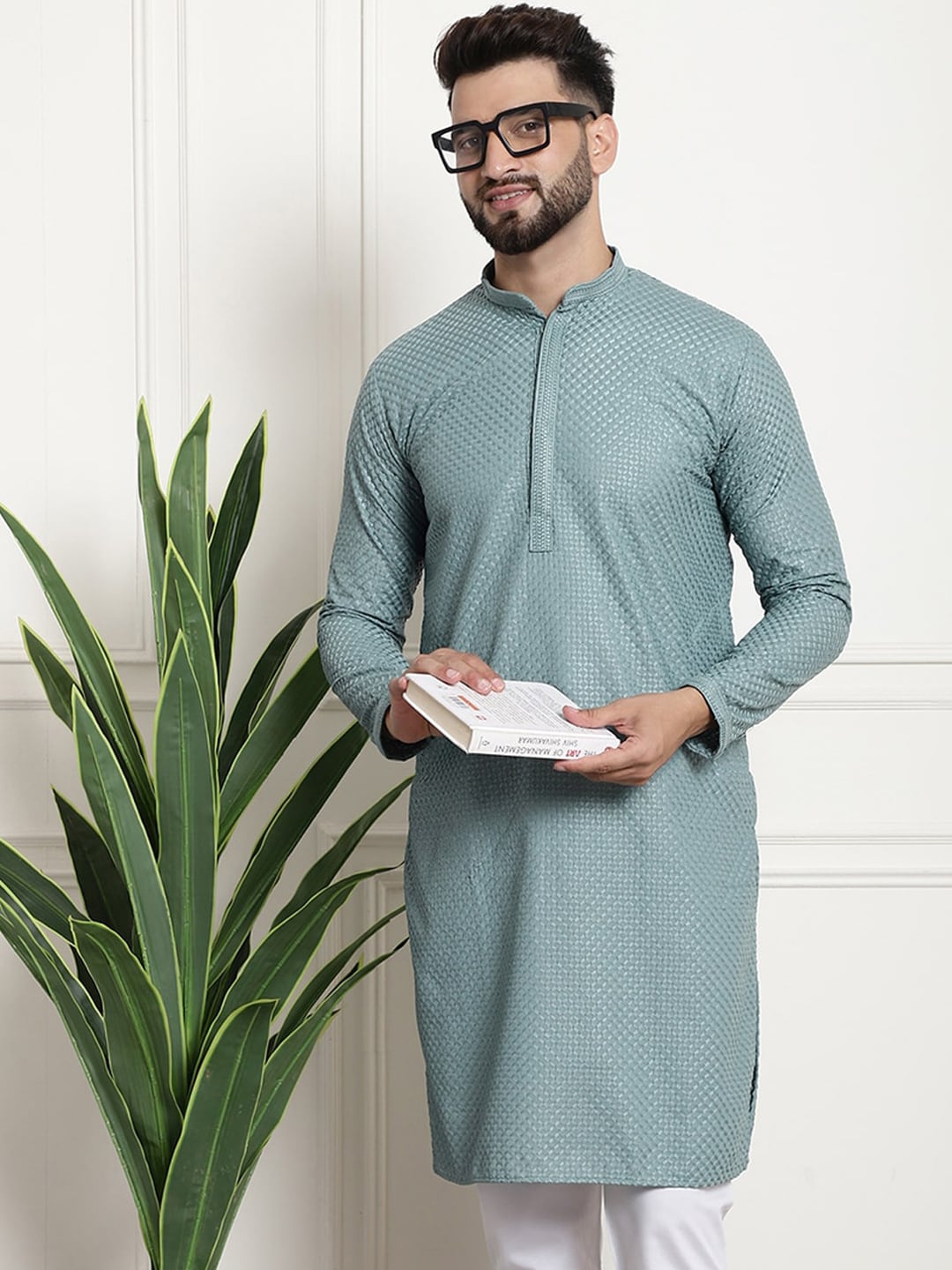Sojanya Woven Design Mandarin Collar Straight Cotton Kurta | Grocsy